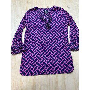 ESCAPADA navy & Hot Pink pattern Long Sleeve Ruffled dress sz M Knee Length